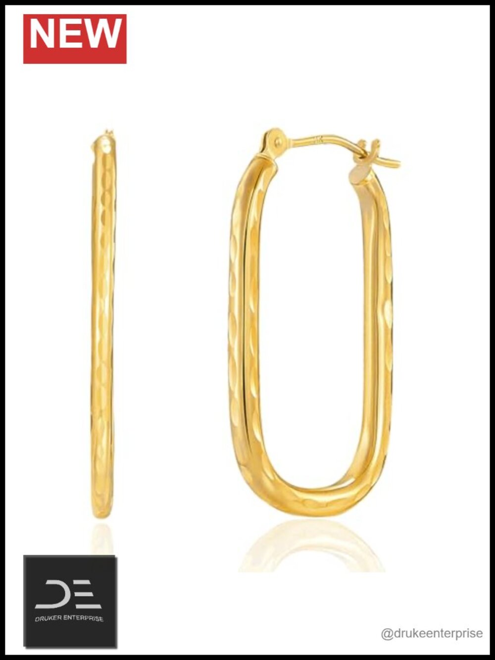 14K Gold Diamond Cut Rectangular Hoop Earrings with Click Top